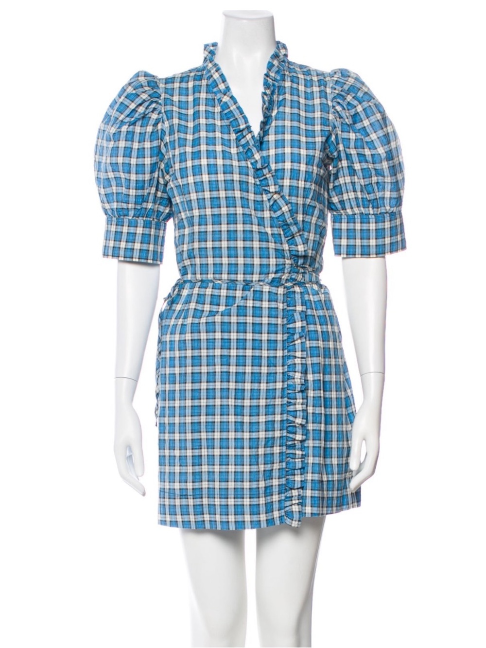 Ganni Blue Plaid Puff-Sleeve Wrap Mini Dress - Size EU 38